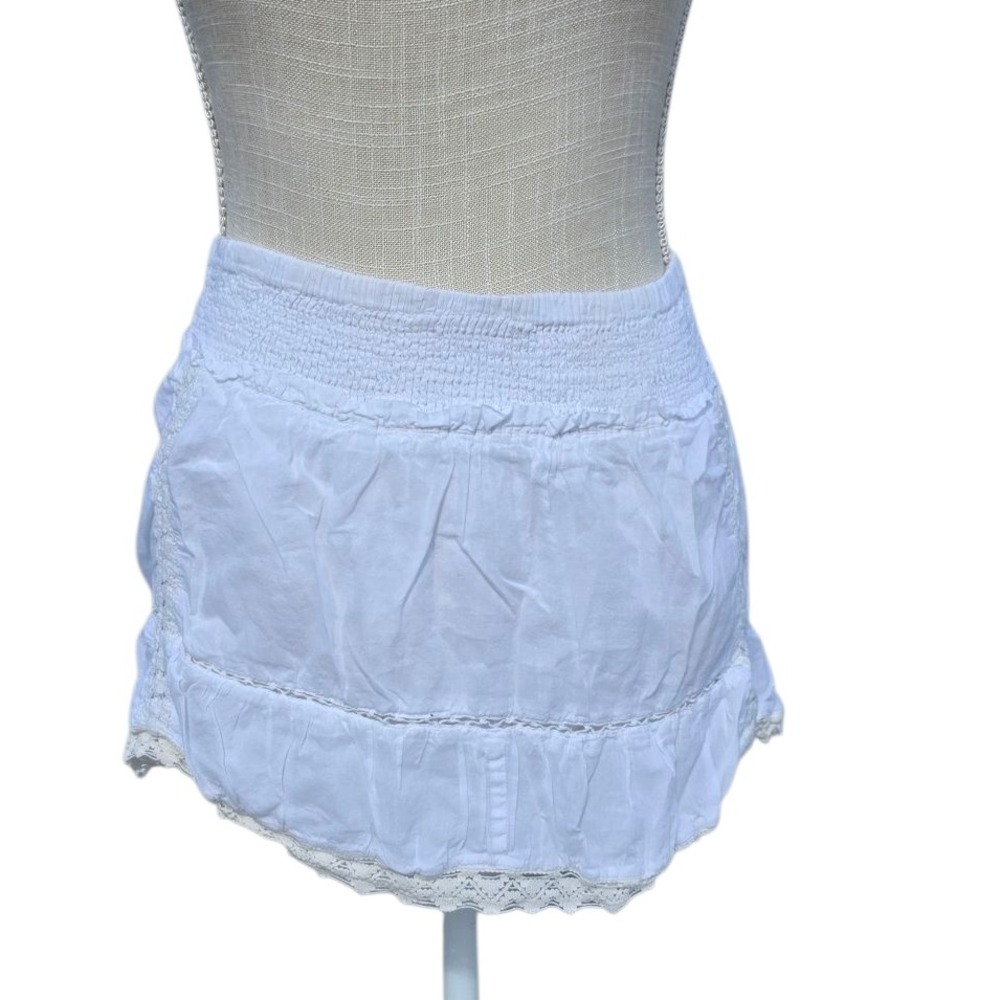 White Mini Skirt Smocked Waist Lace Trim Ruffle Hem Summer Beach
